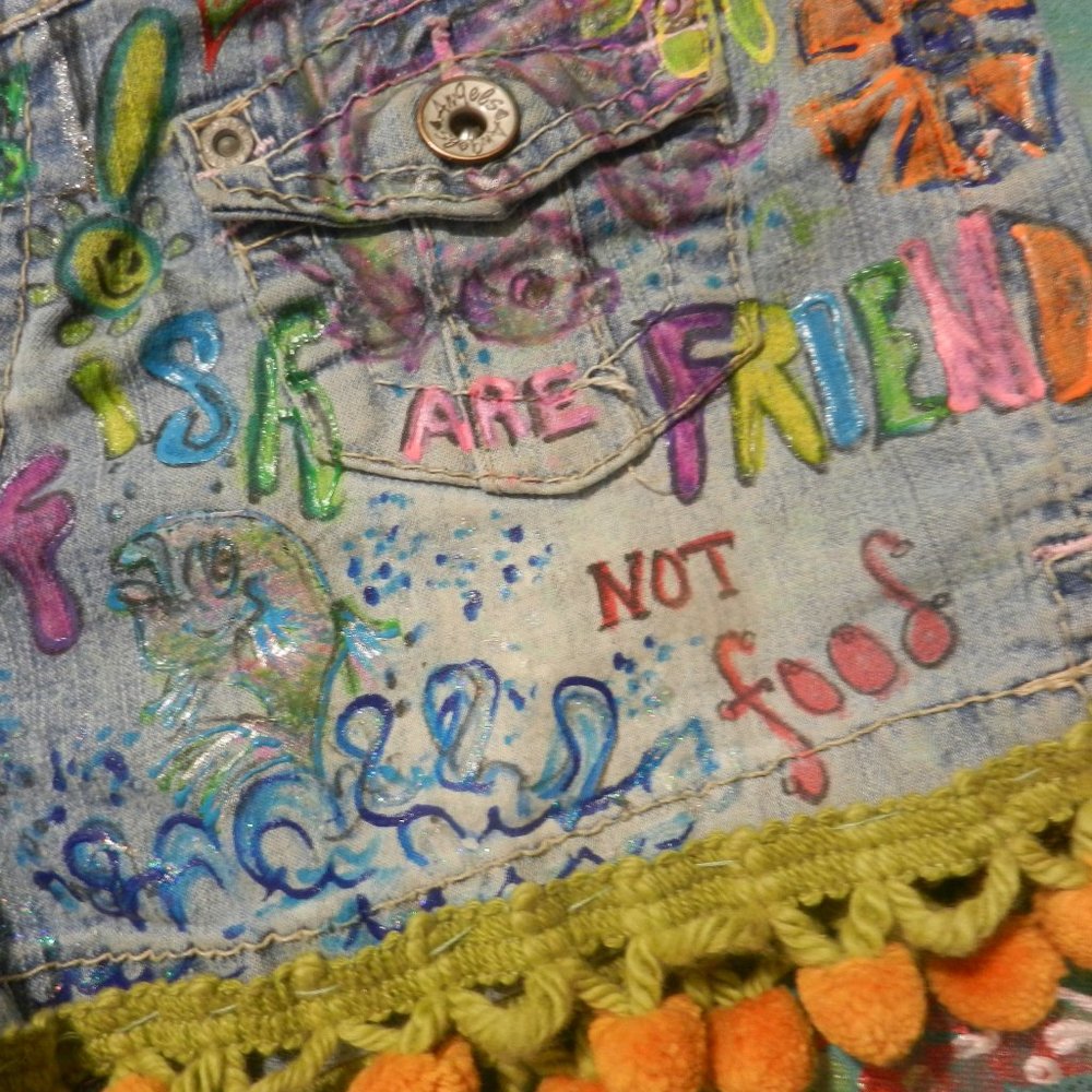 Graffiti Statement Plant Power shorts HAND CRAFTED OOAK custom design SIZE 3 - Picture 12 of 16
